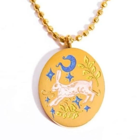 Rabbit Hopped Over the Moon~ Lucky White Bunny CrescentSprig Twig 18K Necklace